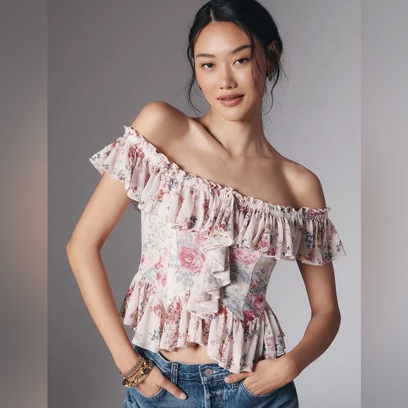 Anthropologie Tops - Anthropologie Off the Shoulder Mesh Top Small Pink Floral Ruffle Cottagecore NWT